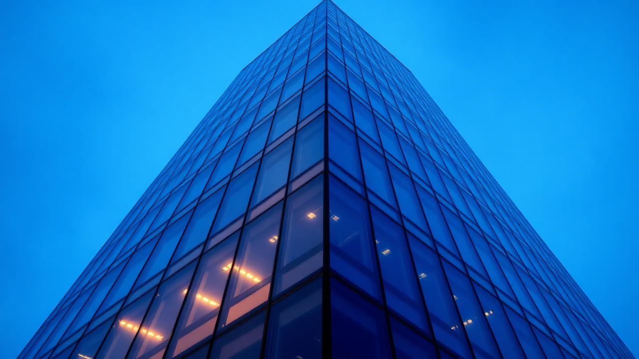 Modern glass bank tower at blue hour