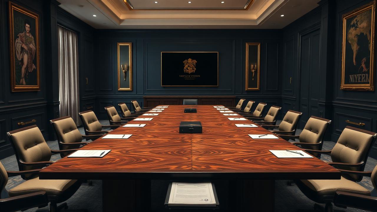 Empty executive boardroom with documents