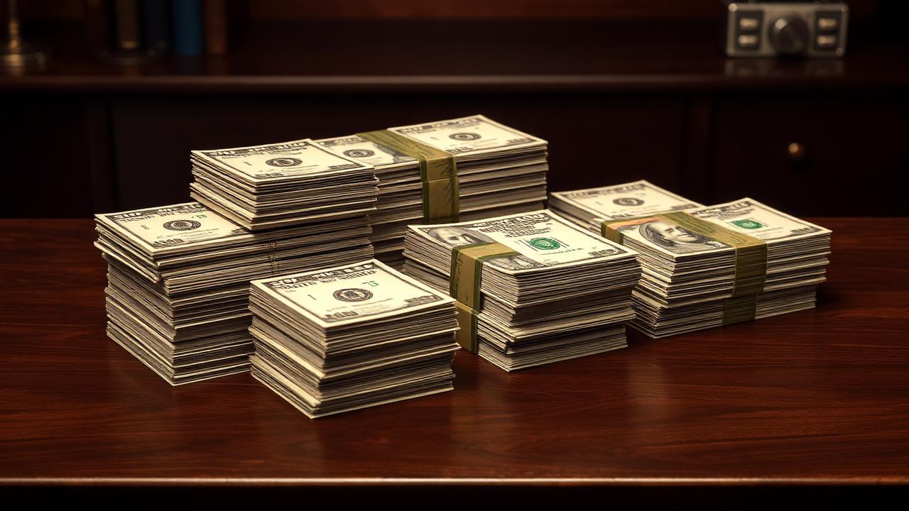 Banded stacks of hundred dollar bills