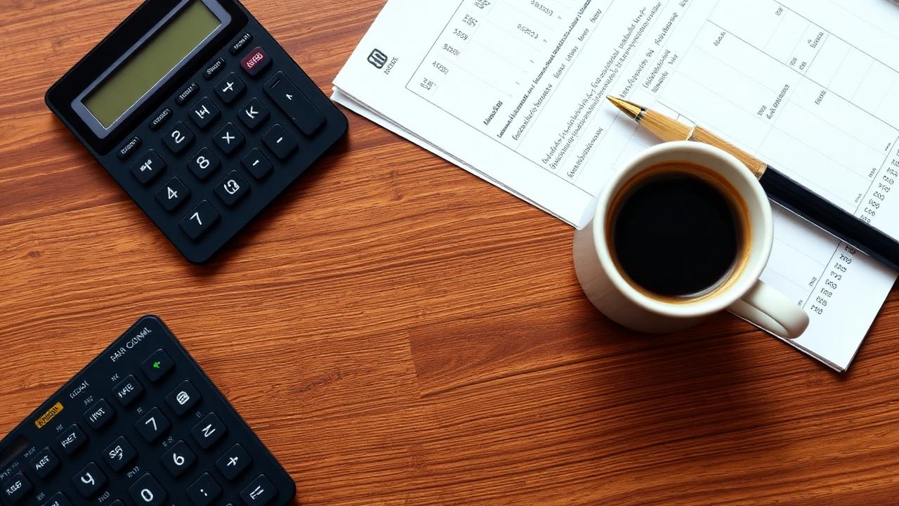 Calculator, ledger and coffee on a desk