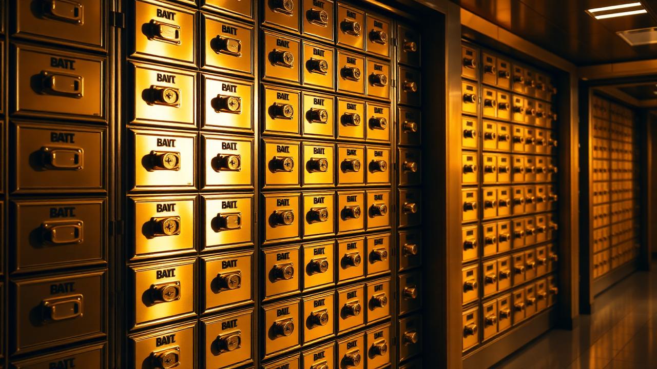 Wall of brass safety deposit boxes