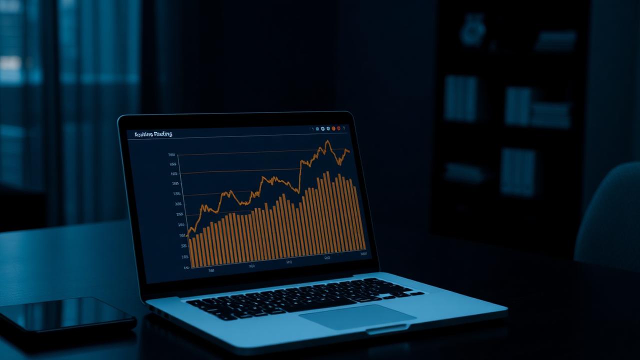 Laptop showing a rising business chart