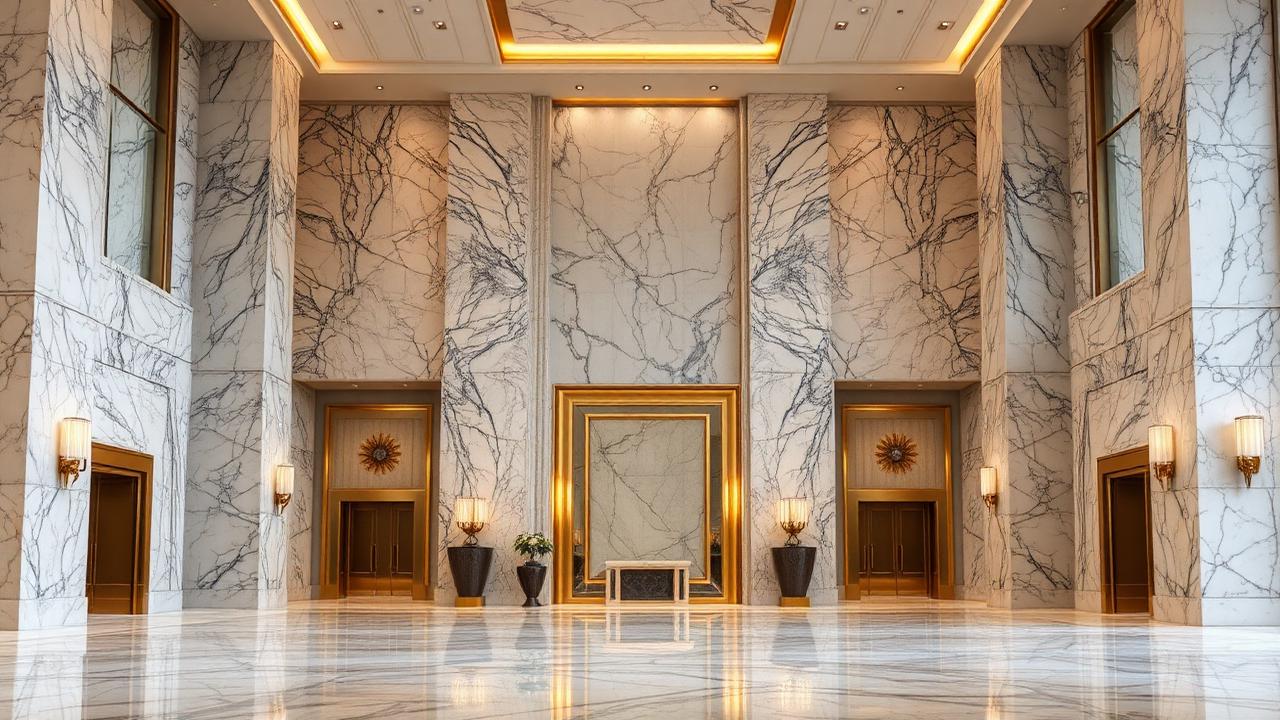 Marble corporate lobby with gold accents